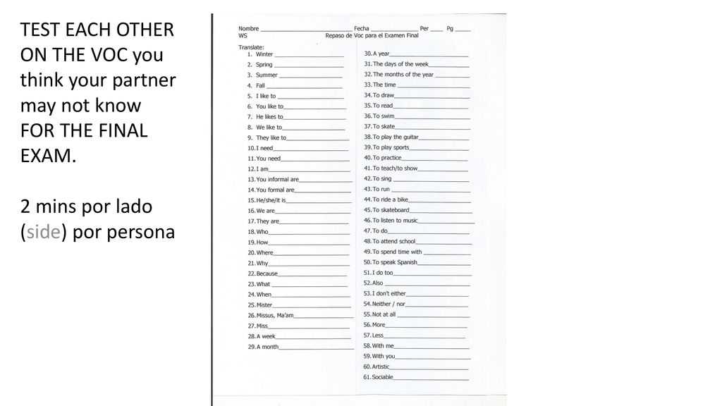 TEST EACH OTHER ON THE VOC you think your partner may not know.
