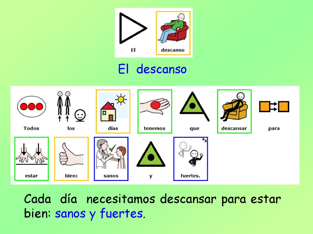 El descanso Cada día necesitamos descansar para estar bien: sanos y fuertes.