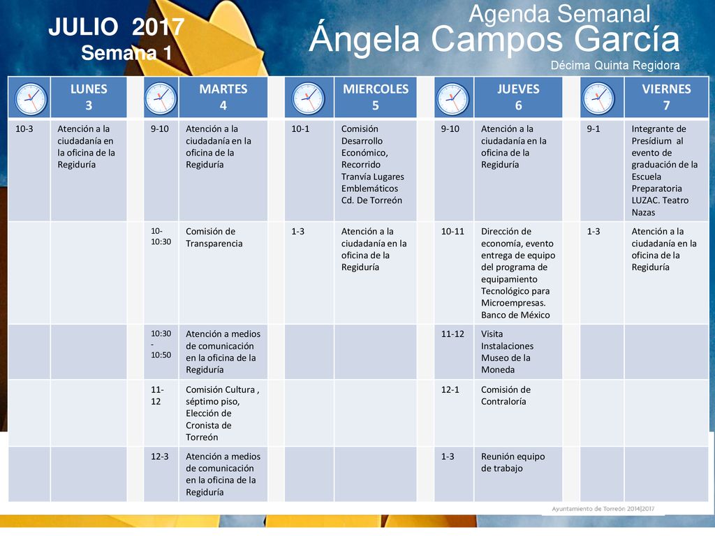 Ángela Campos García Agenda Semanal JULIO 2017 Semana 1 Cabildo