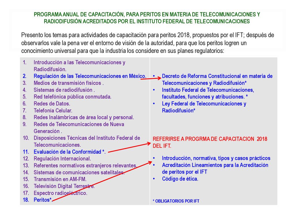 PROGRAMA ANUAL DE CAPACITACIÓN, PARA PERITOS EN MATERIA DE TELECOMUNICACIONES Y RADIODIFUSIÓN ACREDITADOS POR EL INSTITUTO FEDERAL DE TELECOMUNICACIONES