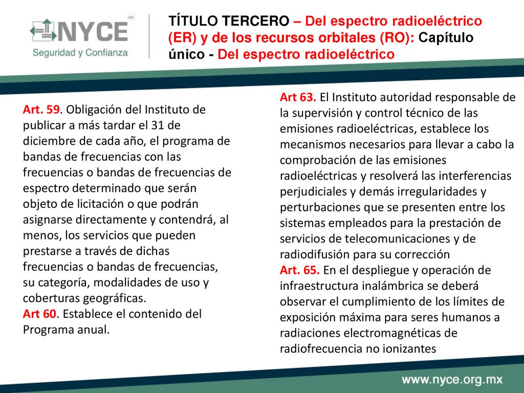 TÍTULO TERCERO – Del espectro radioeléctrico (ER) y de los recursos orbitales (RO): Capítulo único - Del espectro radioeléctrico