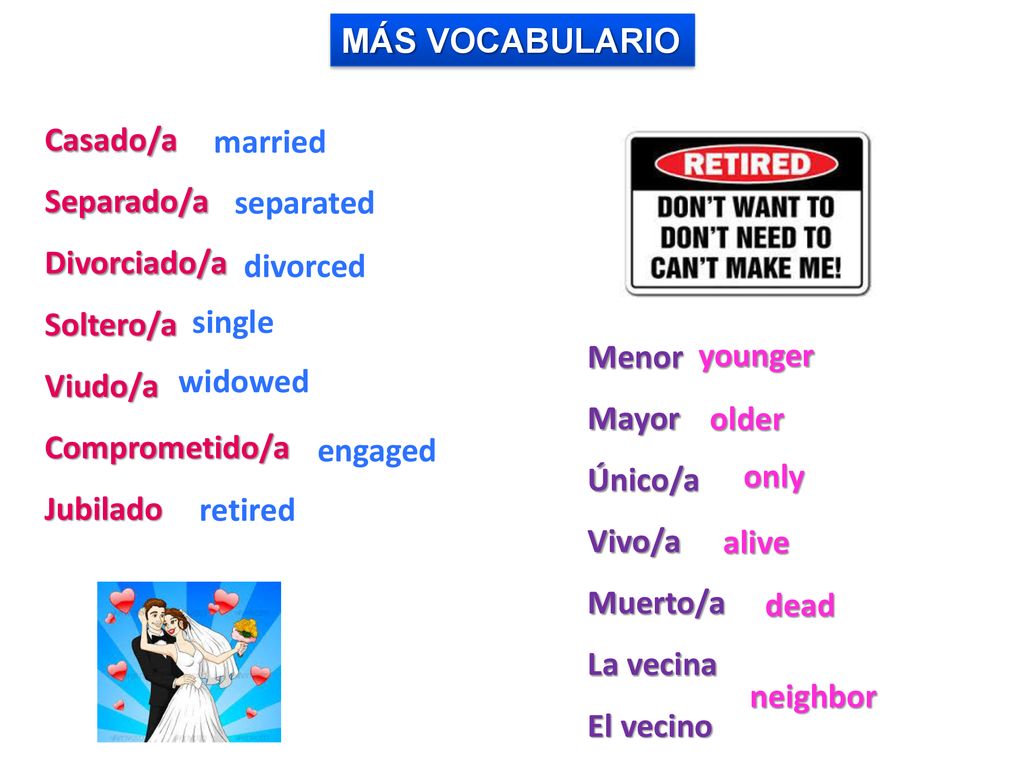 MÁS VOCABULARIO Casado/a. Separado/a. Divorciado/a. Soltero/a. Viudo/a. Comprometido/a. Jubilado.
