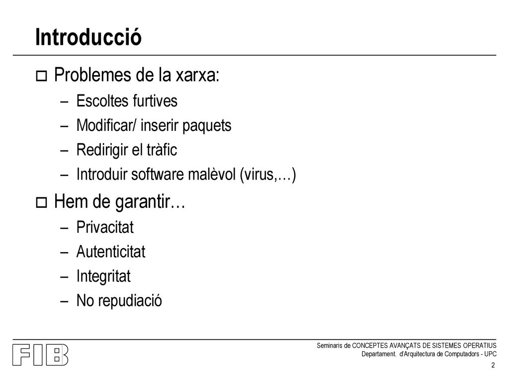 Introducció Problemes de la xarxa: Hem de garantir… Escoltes furtives