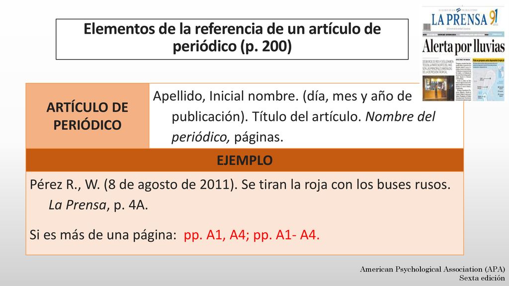 Elementos de la referencia de un artículo de periódico (p. 200)