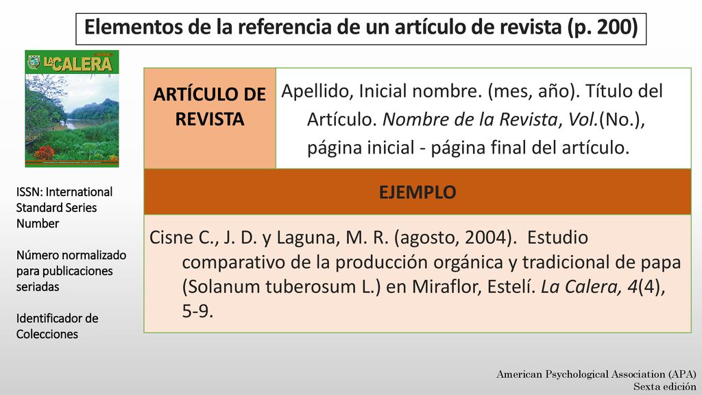 Elementos de la referencia de un artículo de revista (p. 200)