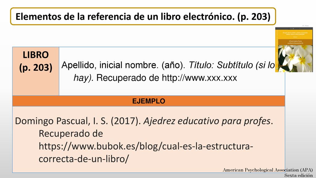Elementos de la referencia de un libro electrónico. (p. 203)