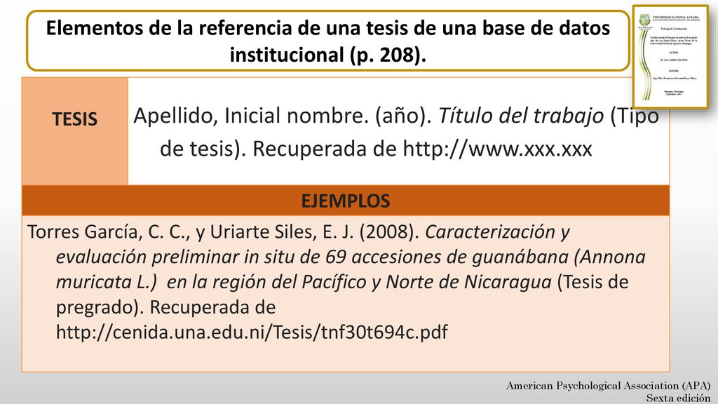 Elementos de la referencia de una tesis de una base de datos institucional (p. 208).