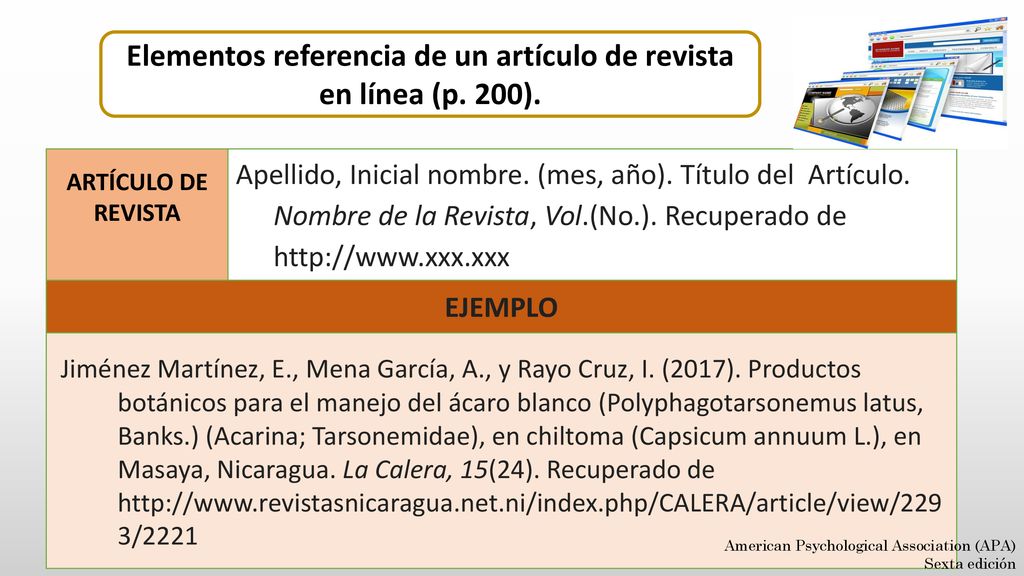 Elementos referencia de un artículo de revista en línea (p. 200).