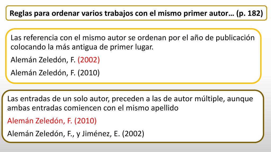 Reglas para ordenar varios trabajos con el mismo primer autor… (p. 182)