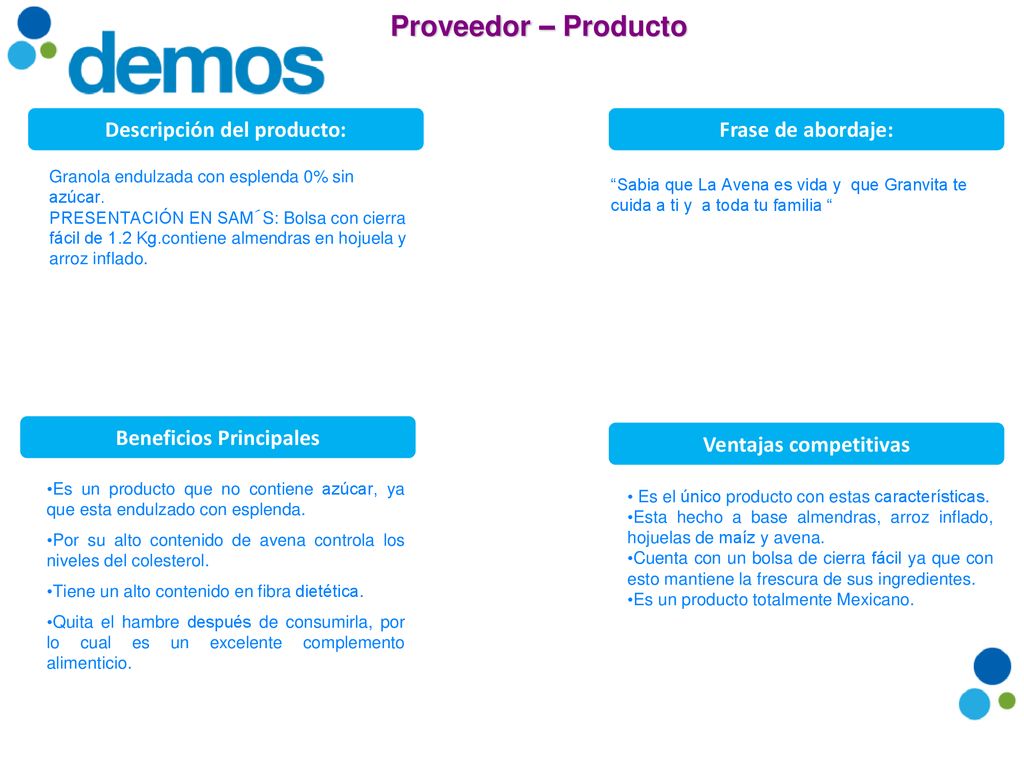 Descripción del producto: Beneficios Principales Ventajas competitivas