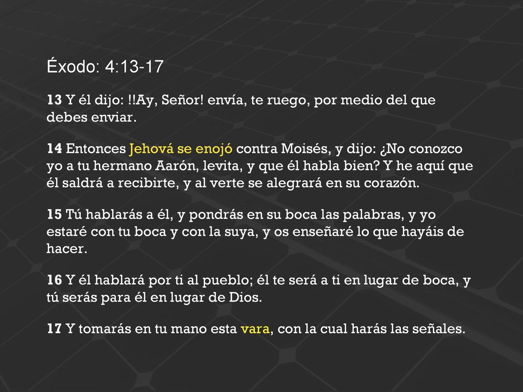 Éxodo: 4: Y él dijo: !!Ay, Señor! envía, te ruego, por medio del que debes enviar.
