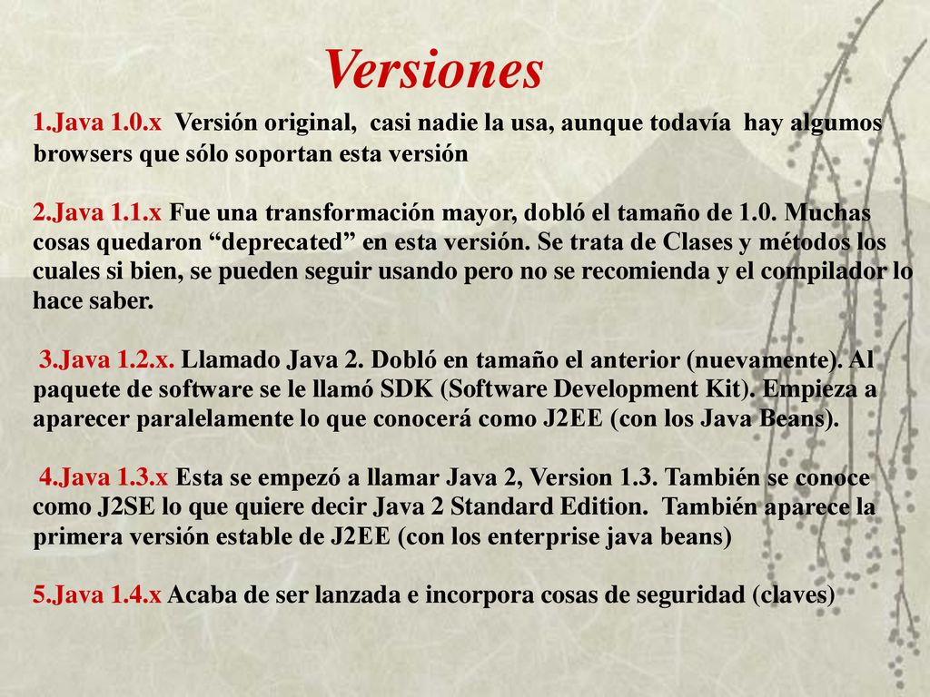 Versiones 1.Java 1.0.x Versión original, casi nadie la usa, aunque todavía hay algumos browsers que sólo soportan esta versión.