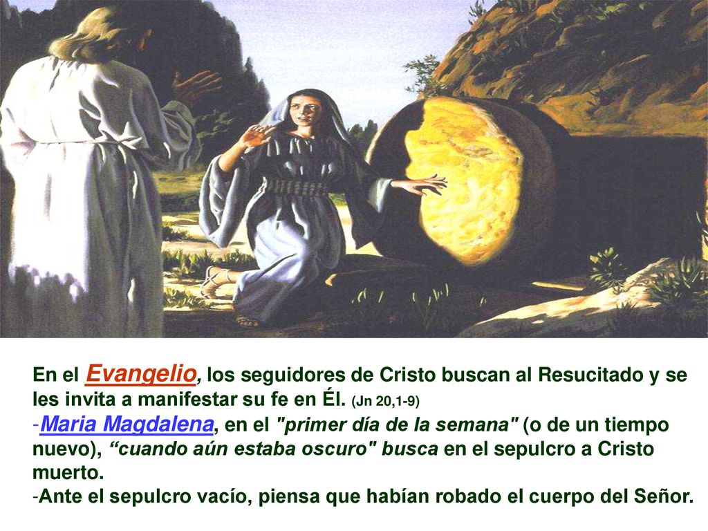 En el Evangelio, los seguidores de Cristo buscan al Resucitado y se les invita a manifestar su fe en Él. (Jn 20,1-9)