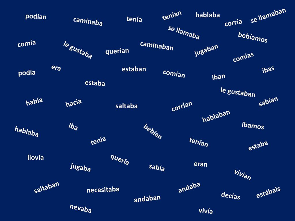 podían tenían. hablaba. se llamaban. tenía. caminaba. corría. se llamaba. bebíamos. comía. caminaban.