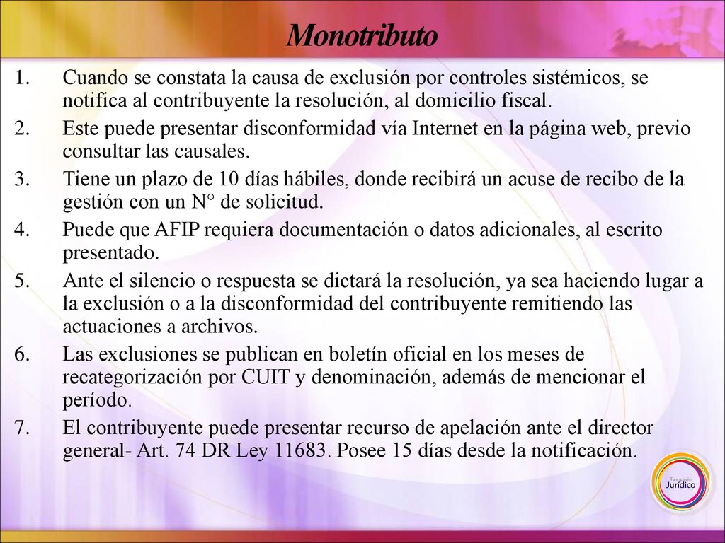 Monotributo Cuando se constata la causa de exclusión por controles sistémicos, se notifica al contribuyente la resolución, al domicilio fiscal.
