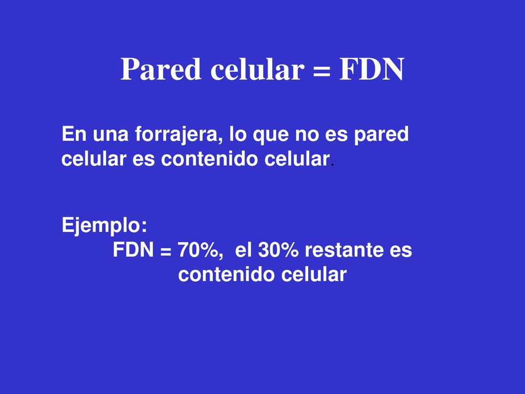 Pared celular = FDN En una forrajera, lo que no es pared celular es contenido celular. Ejemplo: FDN = 70%, el 30% restante es.