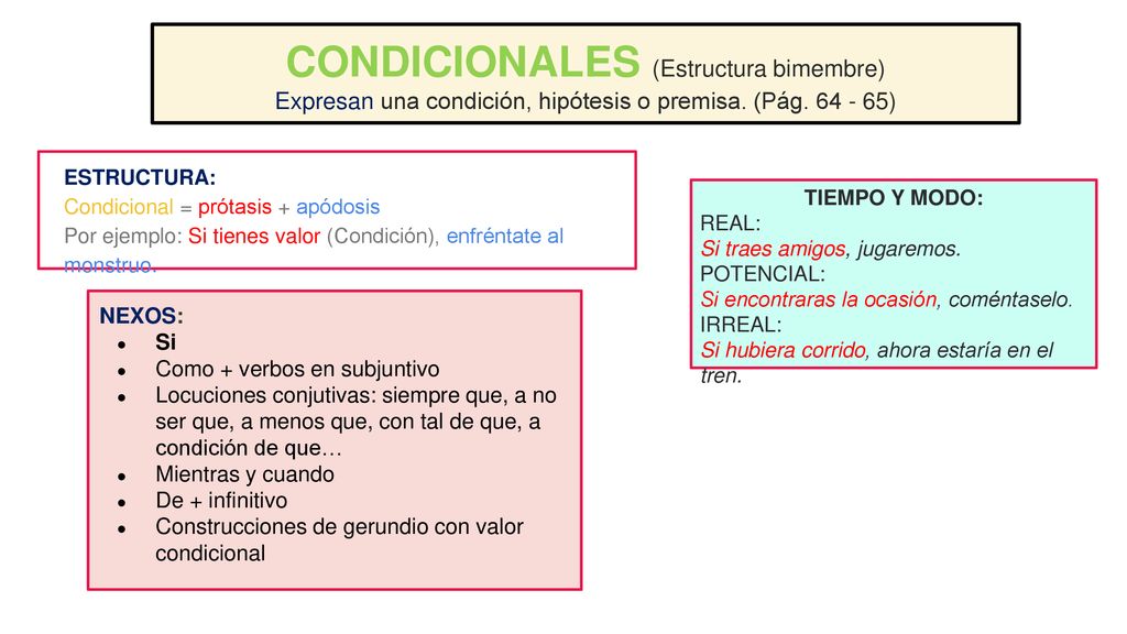 CONDICIONALES (Estructura bimembre) Expresan una condición, hipótesis o premisa. (Pág )