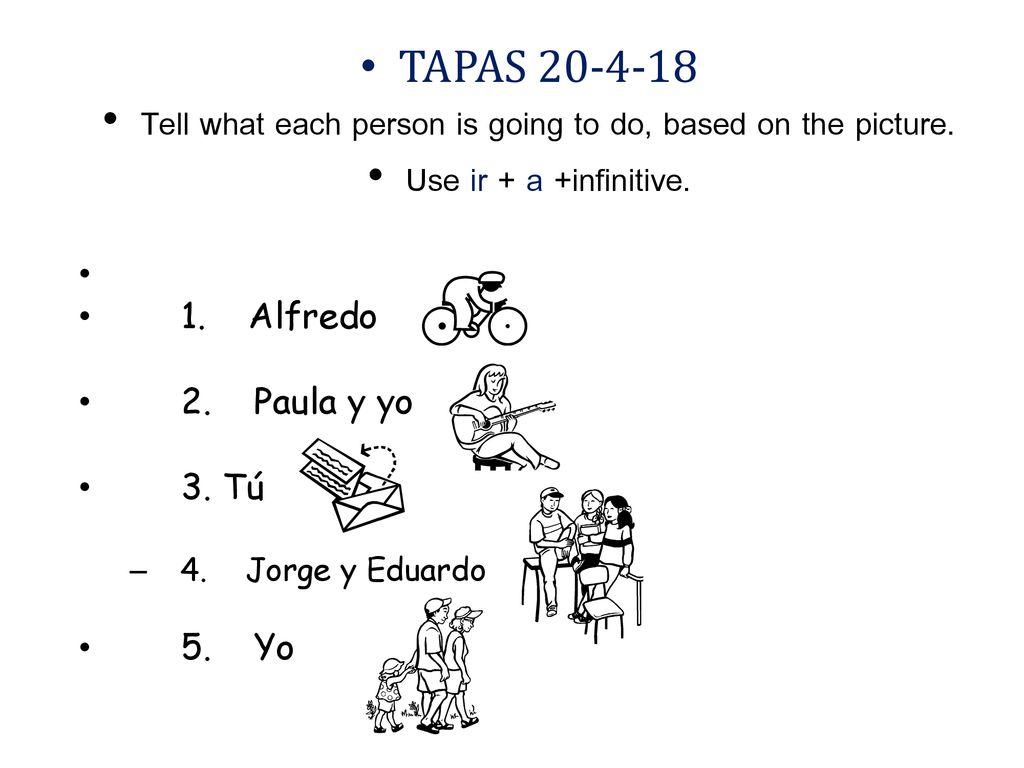 Tell what each person is going to do, based on the picture.
