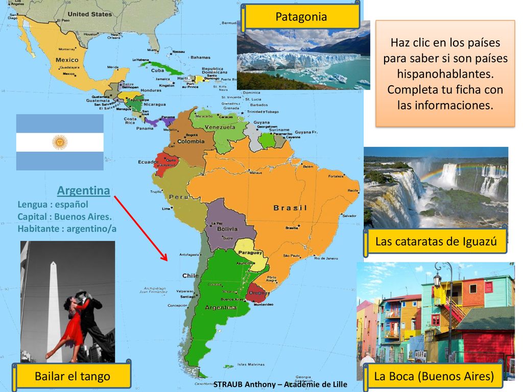 Haz clic en los países para saber si son países hispanohablantes.