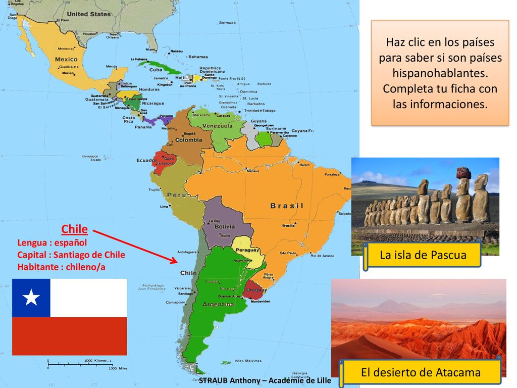 Haz clic en los países para saber si son países hispanohablantes.