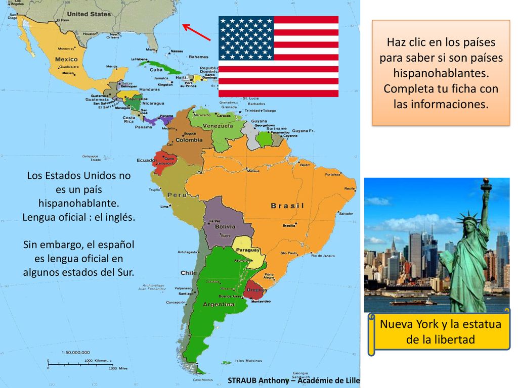 Haz clic en los países para saber si son países hispanohablantes.
