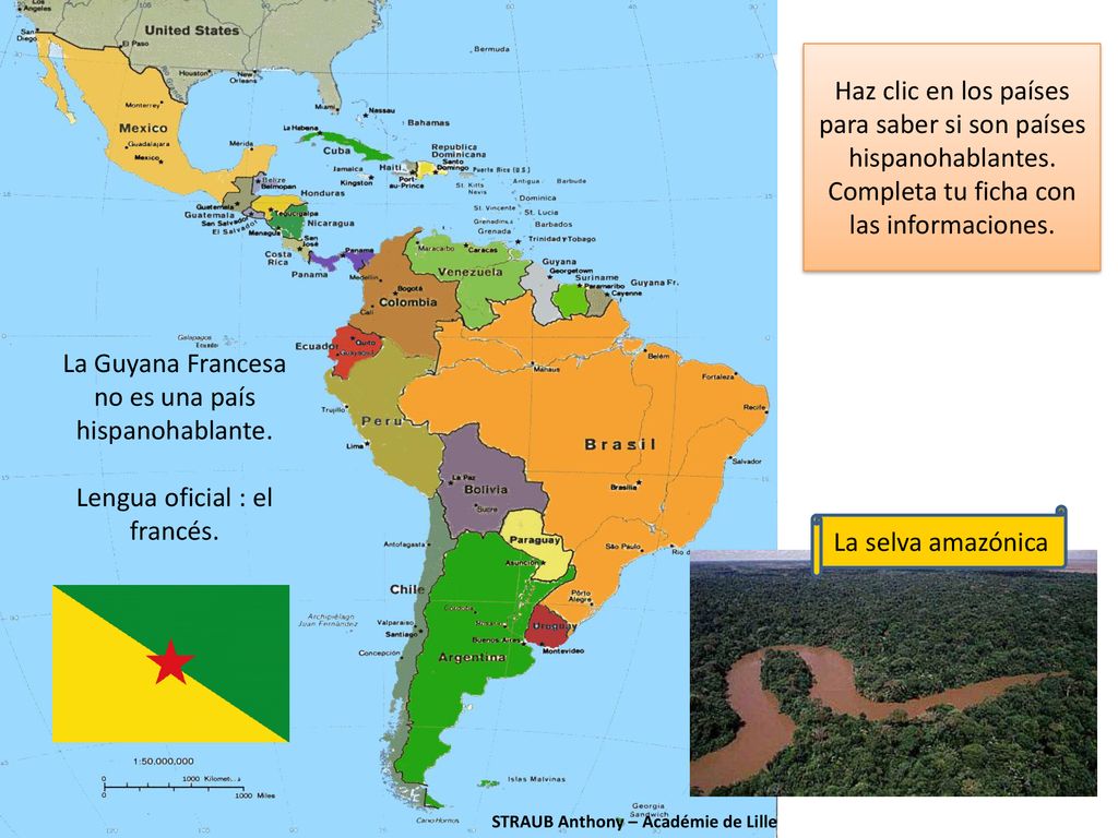 Haz clic en los países para saber si son países hispanohablantes.