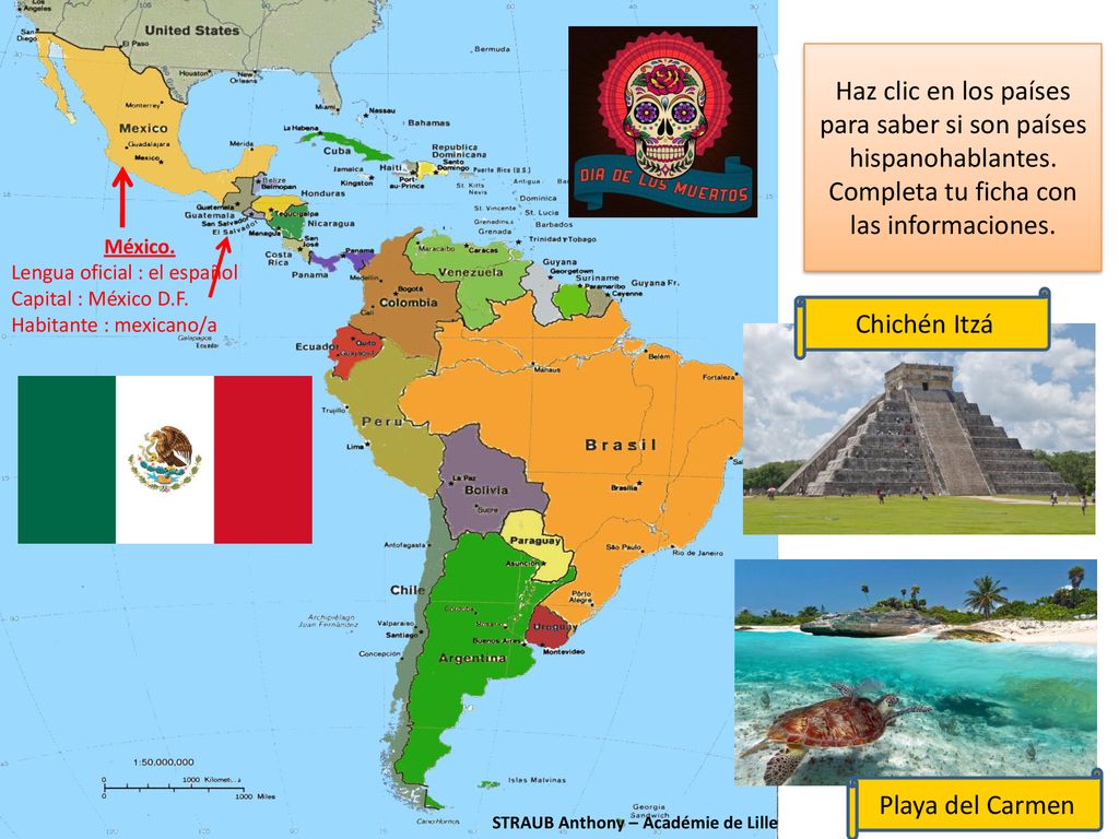 Haz clic en los países para saber si son países hispanohablantes.