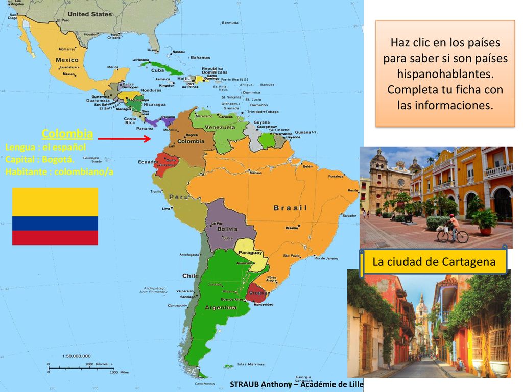 Haz clic en los países para saber si son países hispanohablantes.