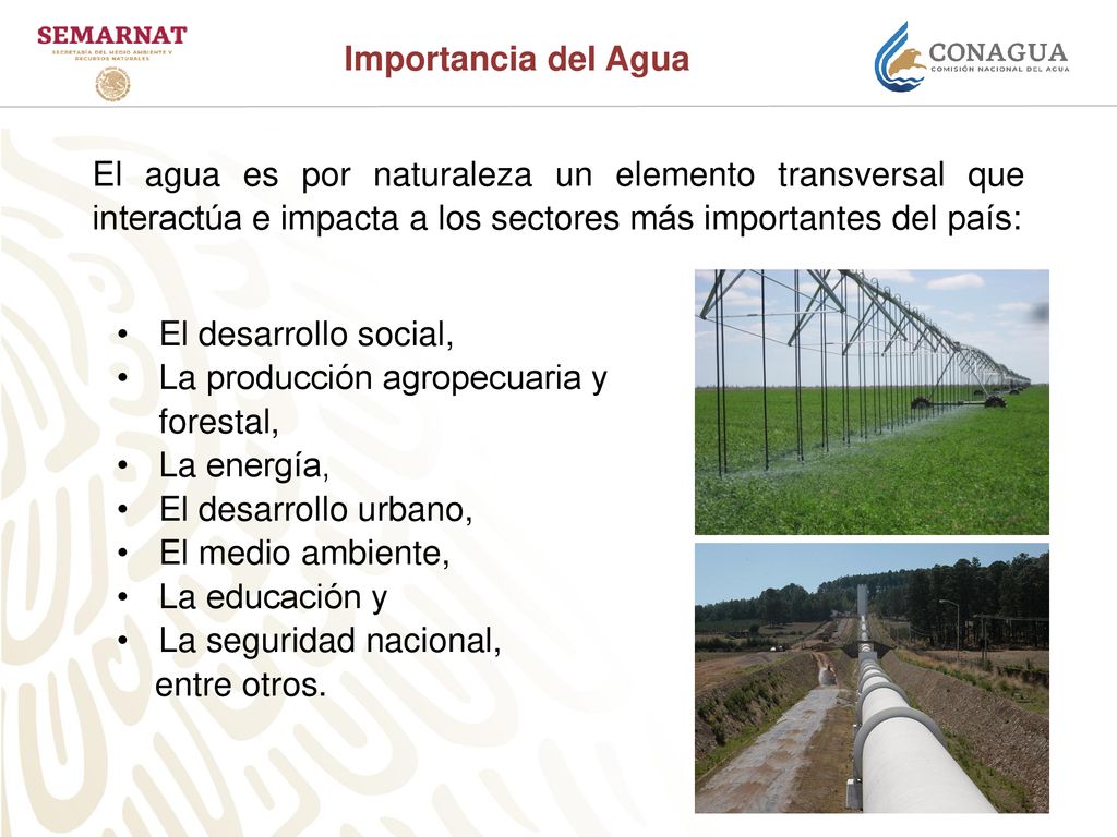 Importancia del Agua El agua es por naturaleza un elemento transversal que interactúa e impacta a los sectores más importantes del país: