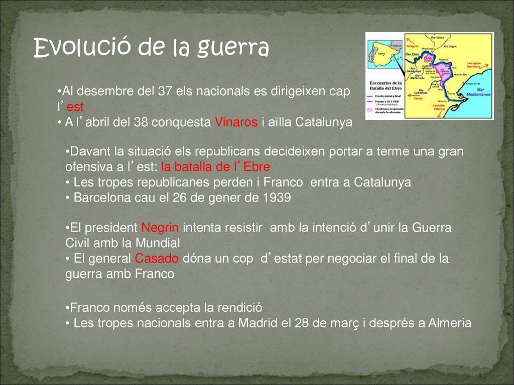 Evolució de la guerra Al desembre del 37 els nacionals es dirigeixen cap l’est. A l’abril del 38 conquesta Vinaros i aïlla Catalunya.