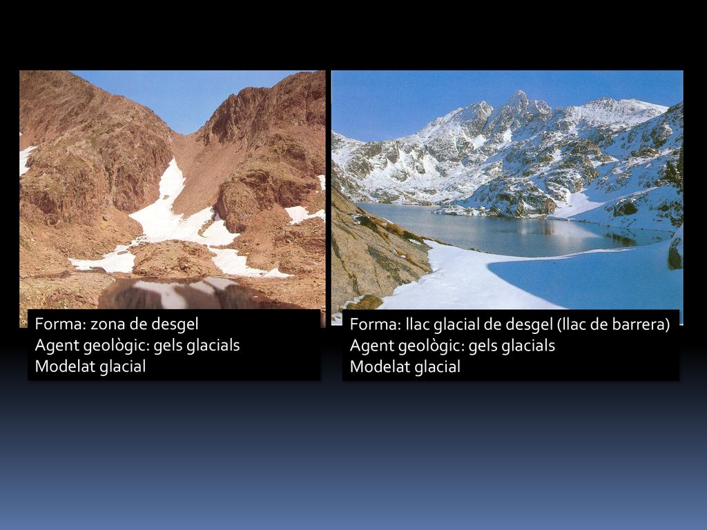 Forma: zona de desgel Agent geològic: gels glacials. Modelat glacial. Forma: llac glacial de desgel (llac de barrera)