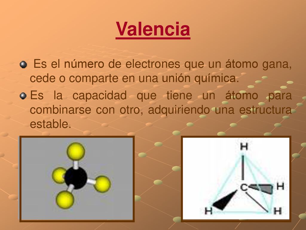 Valencia Es el número de electrones que un átomo gana, cede o comparte en una unión química.