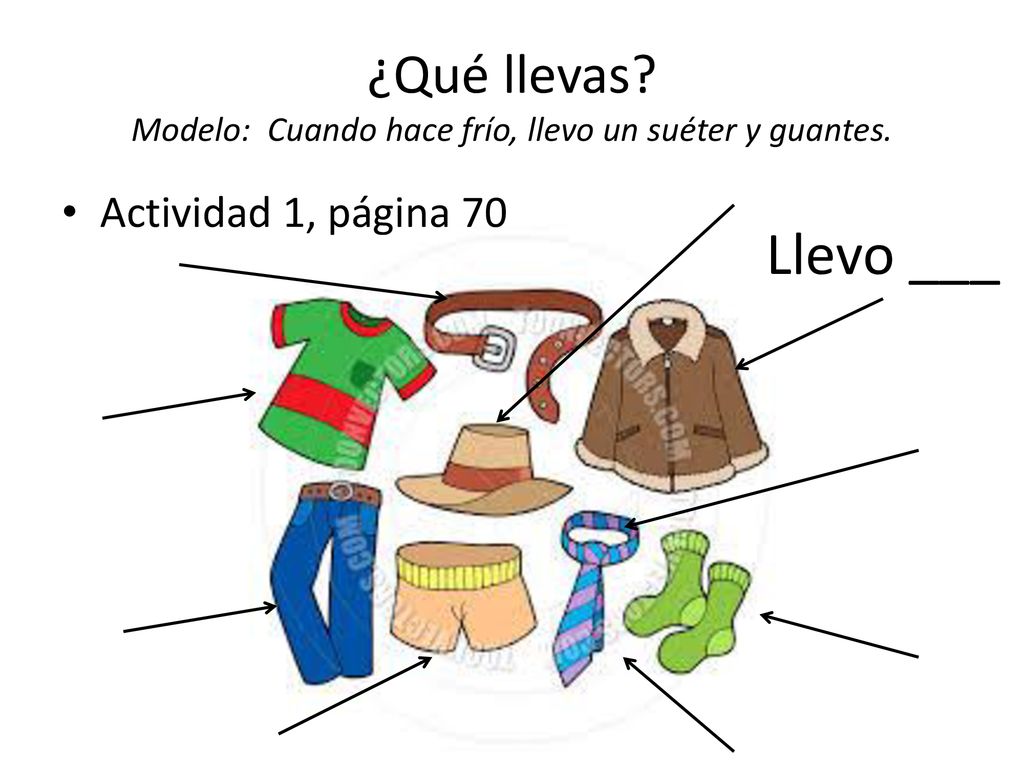 ¿Qué llevas Modelo: Cuando hace frío, llevo un suéter y guantes.