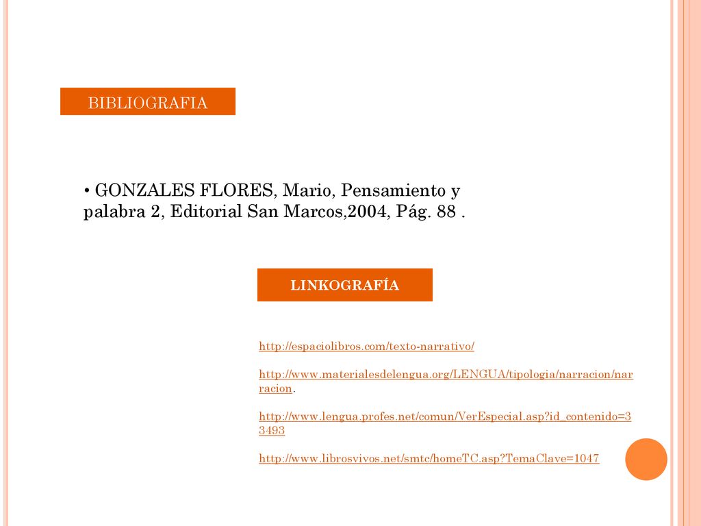 BIBLIOGRAFIA GONZALES FLORES, Mario, Pensamiento y palabra 2, Editorial San Marcos,2004, Pág LINKOGRAFÍA.