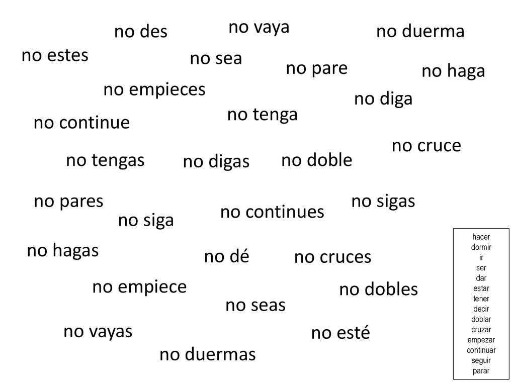 no vaya no des no duerma no estes no sea no pare no haga no empieces