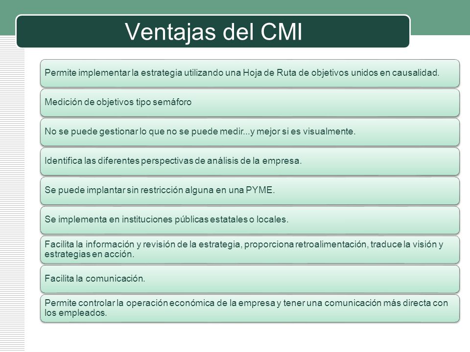 Ventajas del CMI Permite implementar la estrategia utilizando una Hoja de Ruta de objetivos unidos en causalidad.