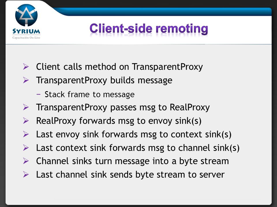Client-side remoting Client calls method on TransparentProxy