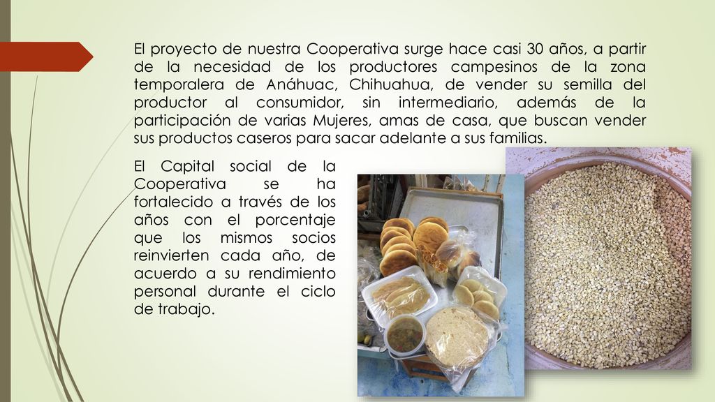 El proyecto de nuestra Cooperativa surge hace casi 30 años, a partir de la necesidad de los productores campesinos de la zona temporalera de Anáhuac, Chihuahua, de vender su semilla del productor al consumidor, sin intermediario, además de la participación de varias Mujeres, amas de casa, que buscan vender sus productos caseros para sacar adelante a sus familias.
