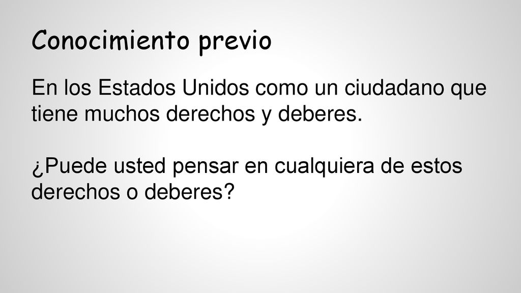 Conocimiento previo En los Estados Unidos como un ciudadano que tiene muchos derechos y deberes.