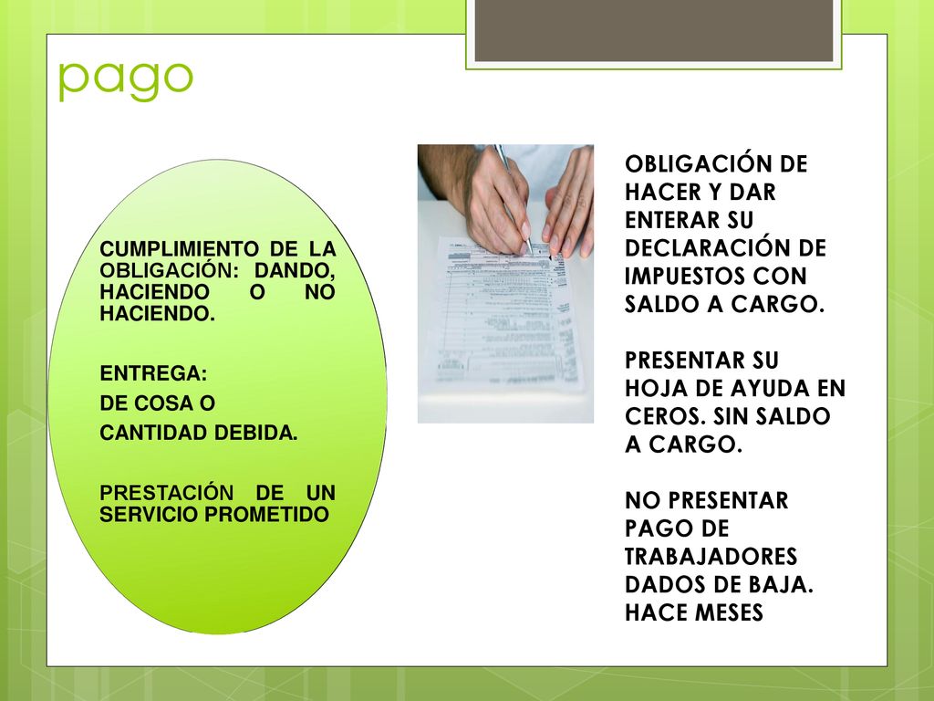 pago CUMPLIMIENTO DE LA OBLIGACIÓN: DANDO, HACIENDO O NO HACIENDO. ENTREGA: DE COSA O. CANTIDAD DEBIDA.
