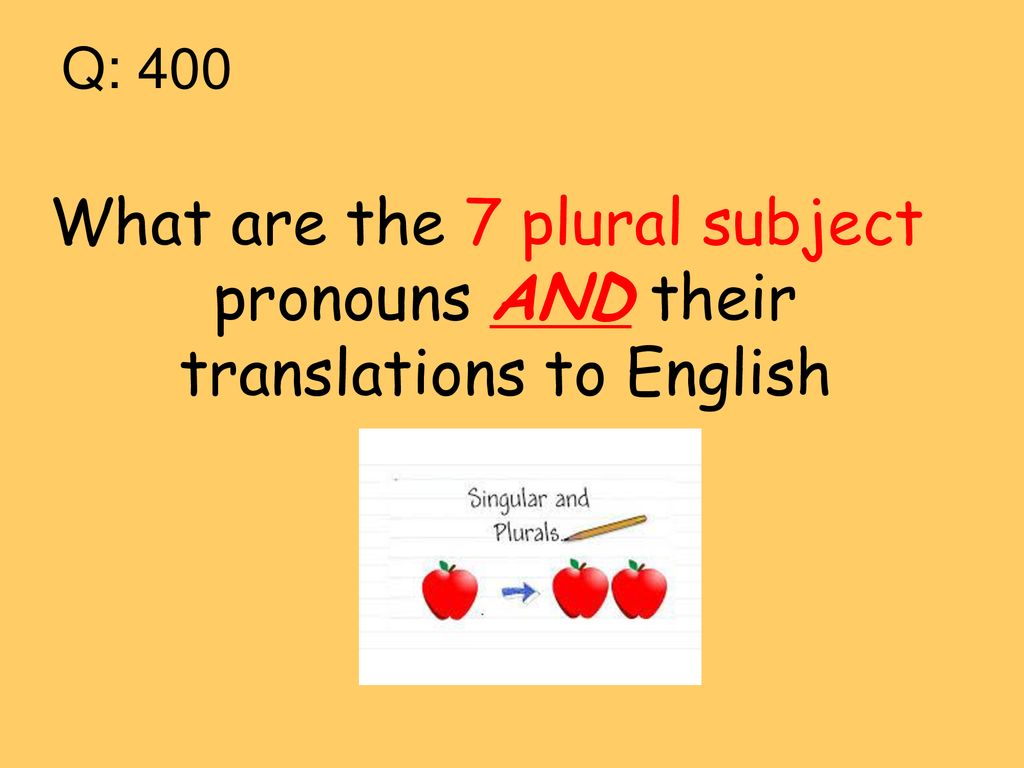 Q: 400 What are the 7 plural subject pronouns AND their translations to English