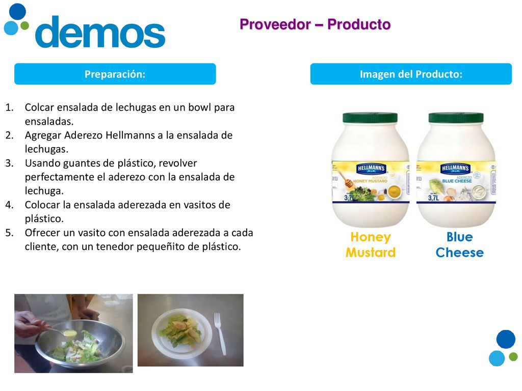 Proveedor – Producto Honey Mustard Blue Cheese Preparación: