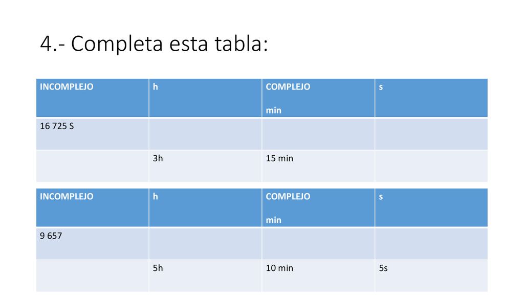 4.- Completa esta tabla: INCOMPLEJO h COMPLEJO min s S 3h