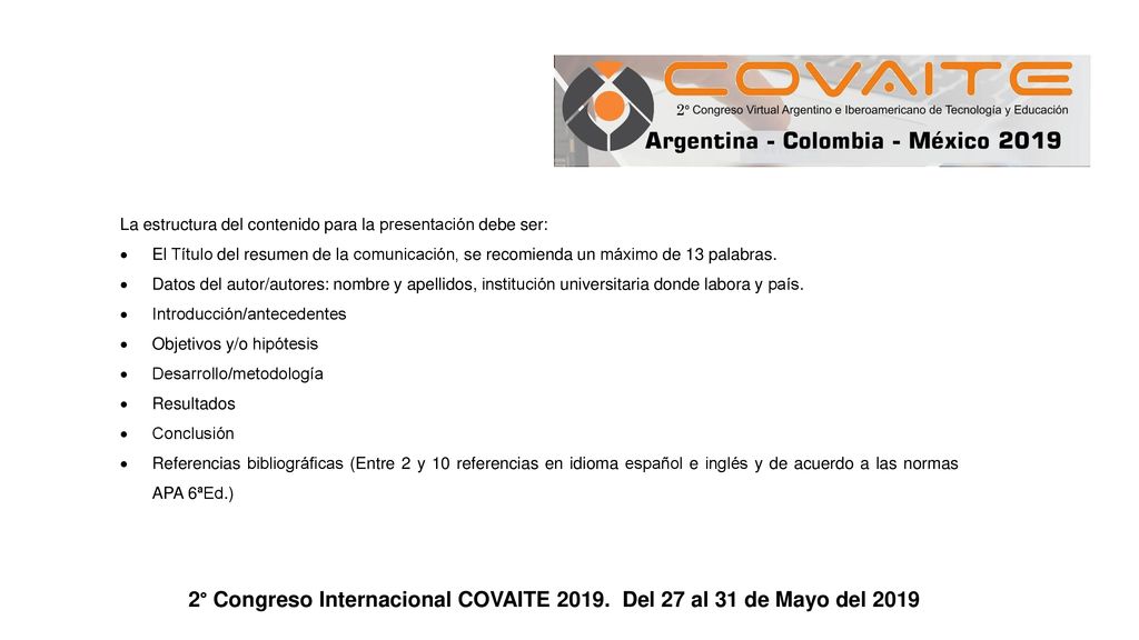 2° Congreso Internacional COVAITE Del 27 al 31 de Mayo del 2019