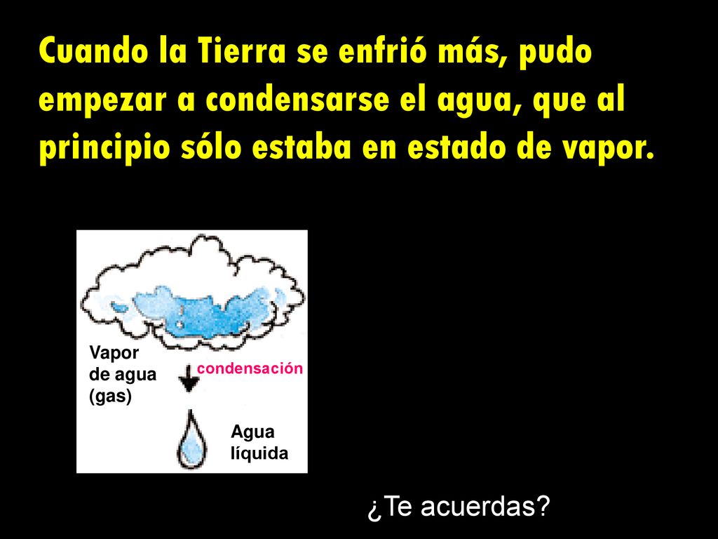 Cuando la Tierra se enfrió más, pudo empezar a condensarse el agua, que al principio sólo estaba en estado de vapor.