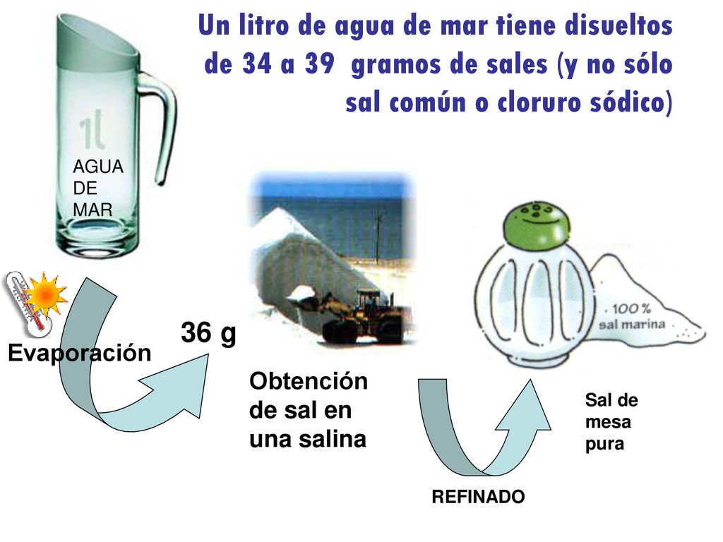 Un litro de agua de mar tiene disueltos de 34 a 39 gramos de sales (y no sólo sal común o cloruro sódico)