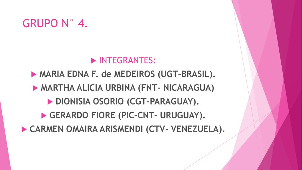 GRUPO N° 4. INTEGRANTES: MARIA EDNA F. de MEDEIROS (UGT-BRASIL).