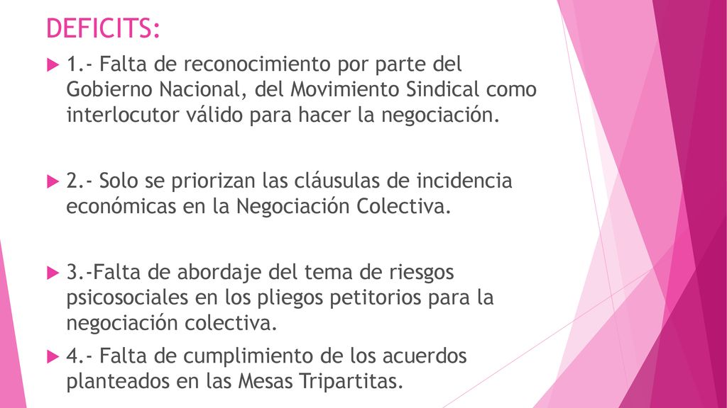 DEFICITS: 1.- Falta de reconocimiento por parte del Gobierno Nacional, del Movimiento Sindical como interlocutor válido para hacer la negociación.