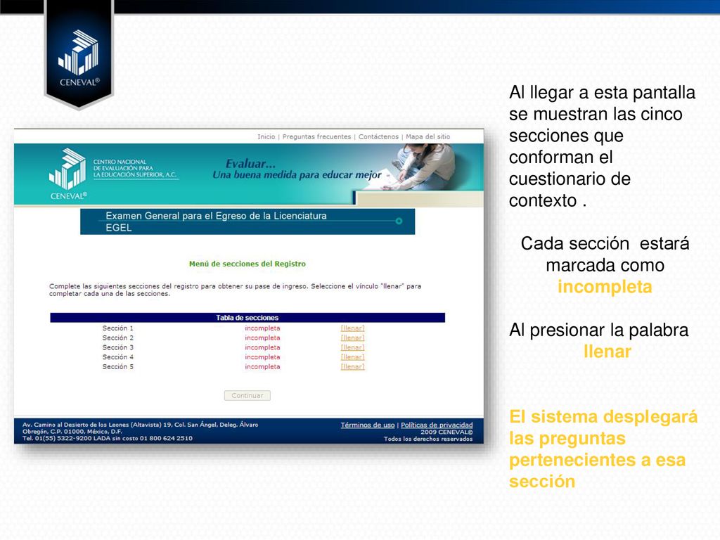 Cada sección estará marcada como incompleta