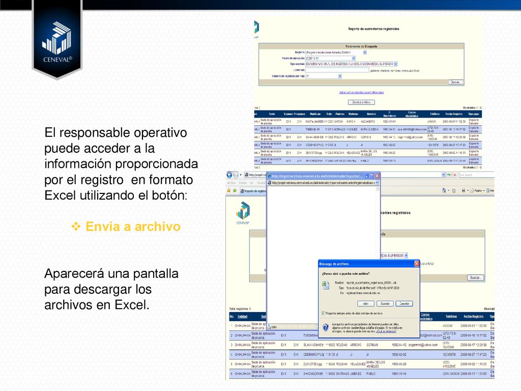 El responsable operativo puede acceder a la información proporcionada por el registro en formato Excel utilizando el botón: